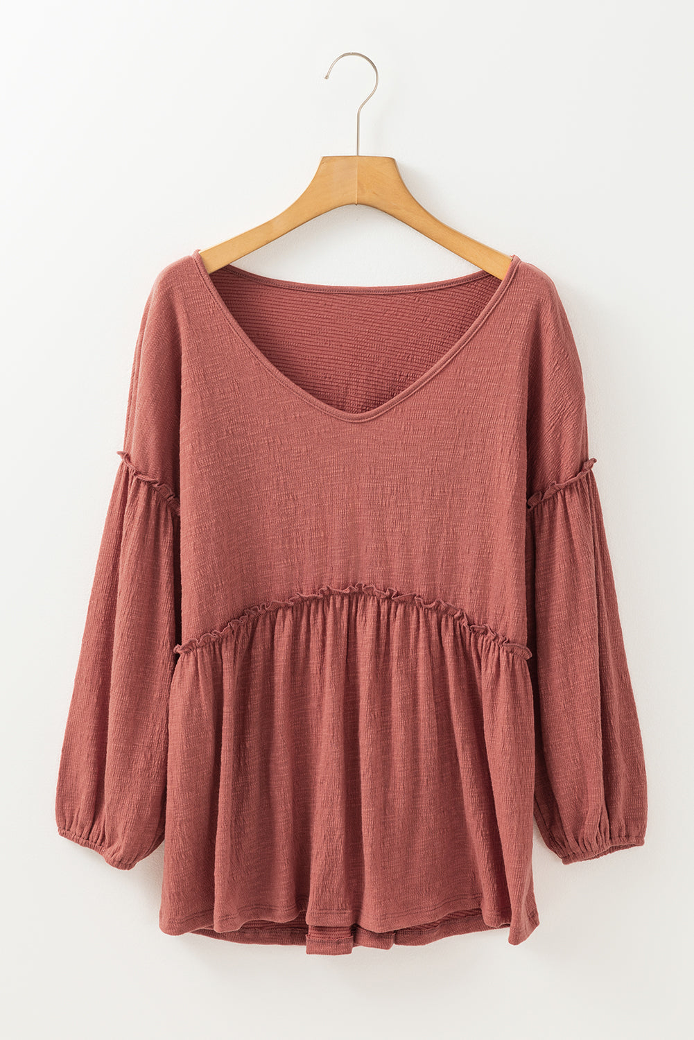 Mineral Red Solid Color Textured Frilled Trim V Neck Puff Sleeve Blouse Blouses & Shirts JT's Designer Fashion
