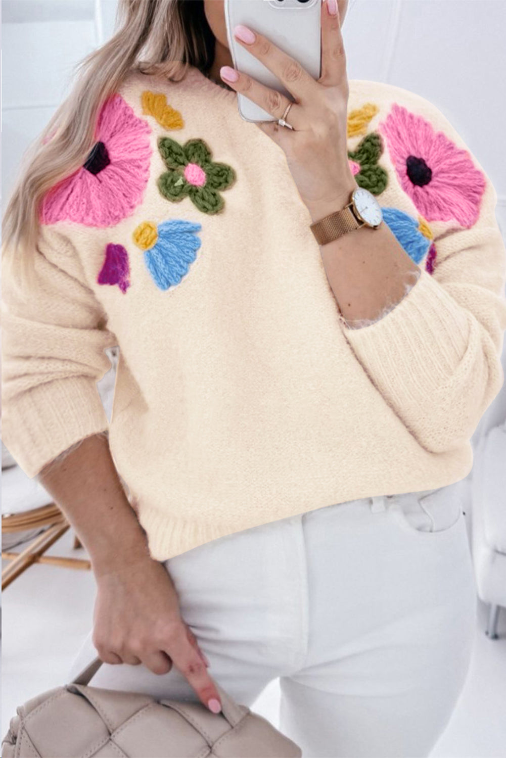 Beige Plus Size Crochet Flower Pullover Sweater Beige 42%Acrylic+30%Polyester+28%Polyamide Plus Size Sweaters & Cardigans JT's Designer Fashion