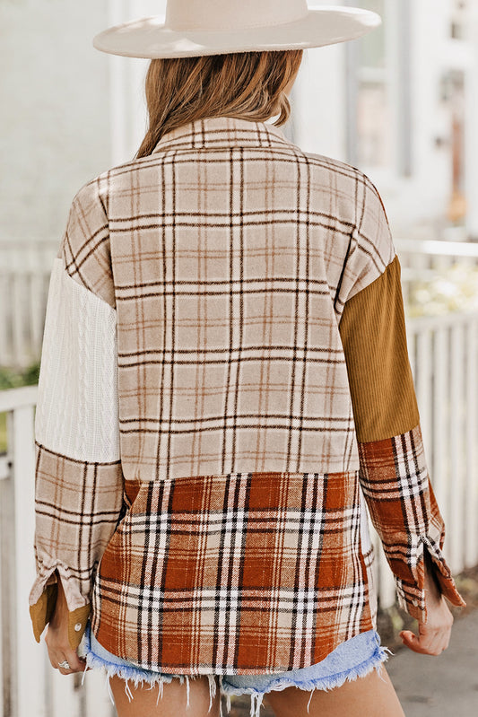 Orange Plaid Color Block Patchwork Shirt Jacket with Pocket Plaid Shackets JT's Designer Fashion