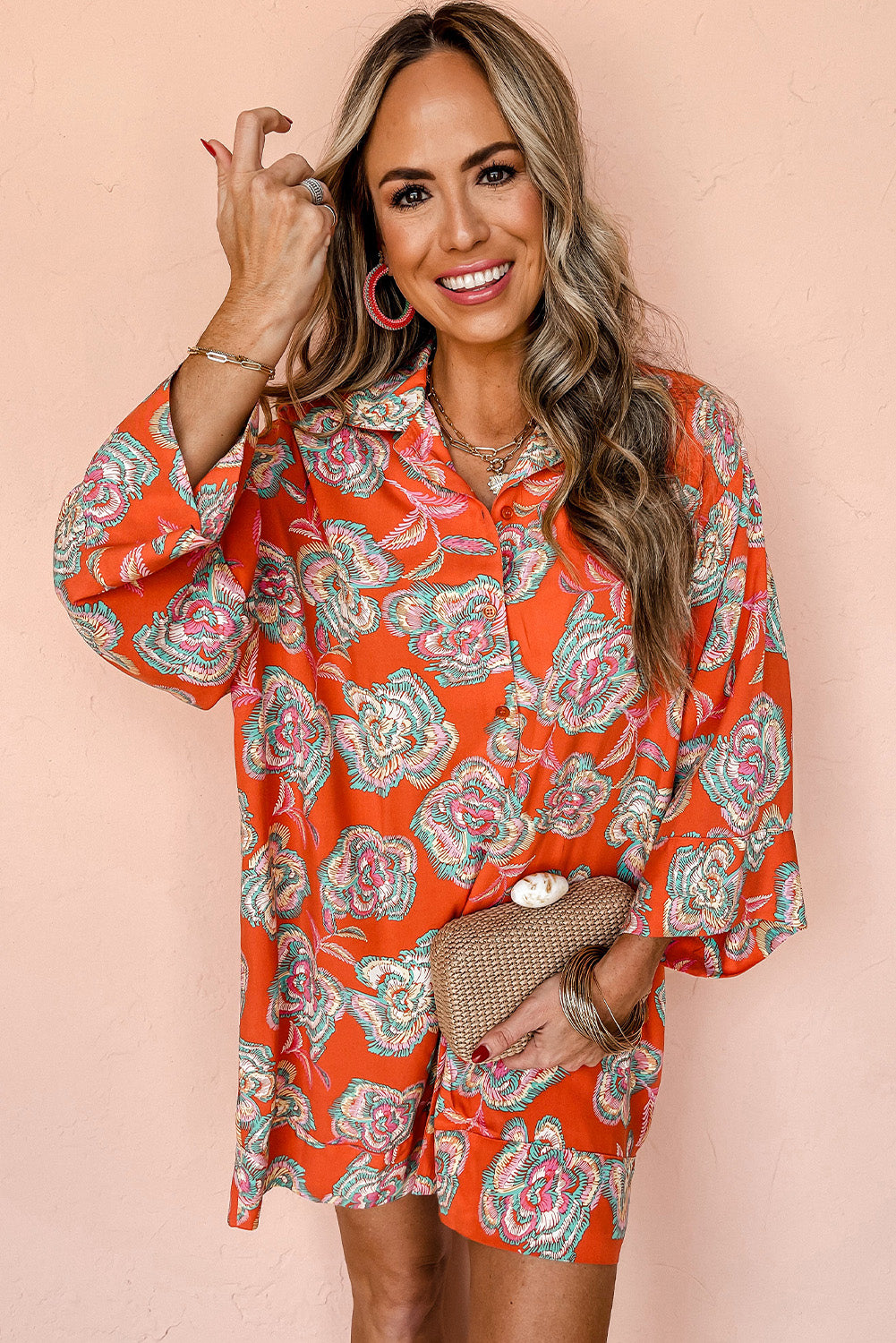 Red Floral Print Lapel Collar Loose Shirt Mini Dress Floral Dresses JT's Designer Fashion