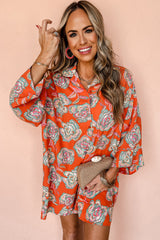 Red Floral Print Lapel Collar Loose Shirt Mini Dress Floral Dresses JT's Designer Fashion