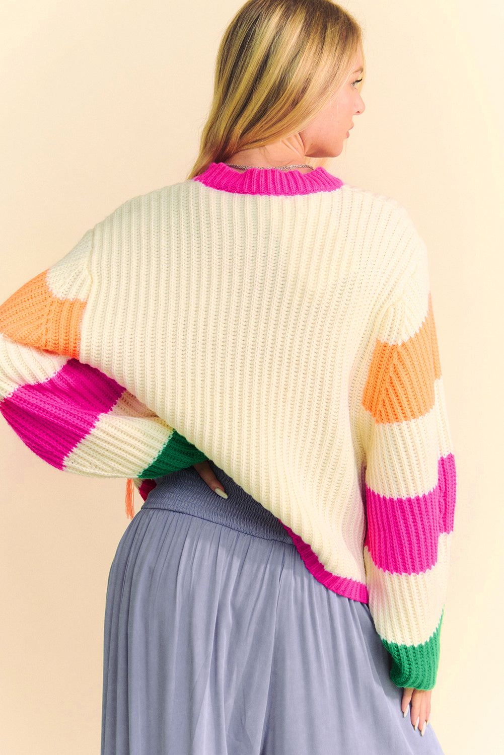 Beige Colorblock Flower Print Cable Knit Loose Sweater Sweaters JT's Designer Fashion