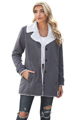 Gray Lapel Collar Button Fleece Jacket Jackets JT's Designer Fashion