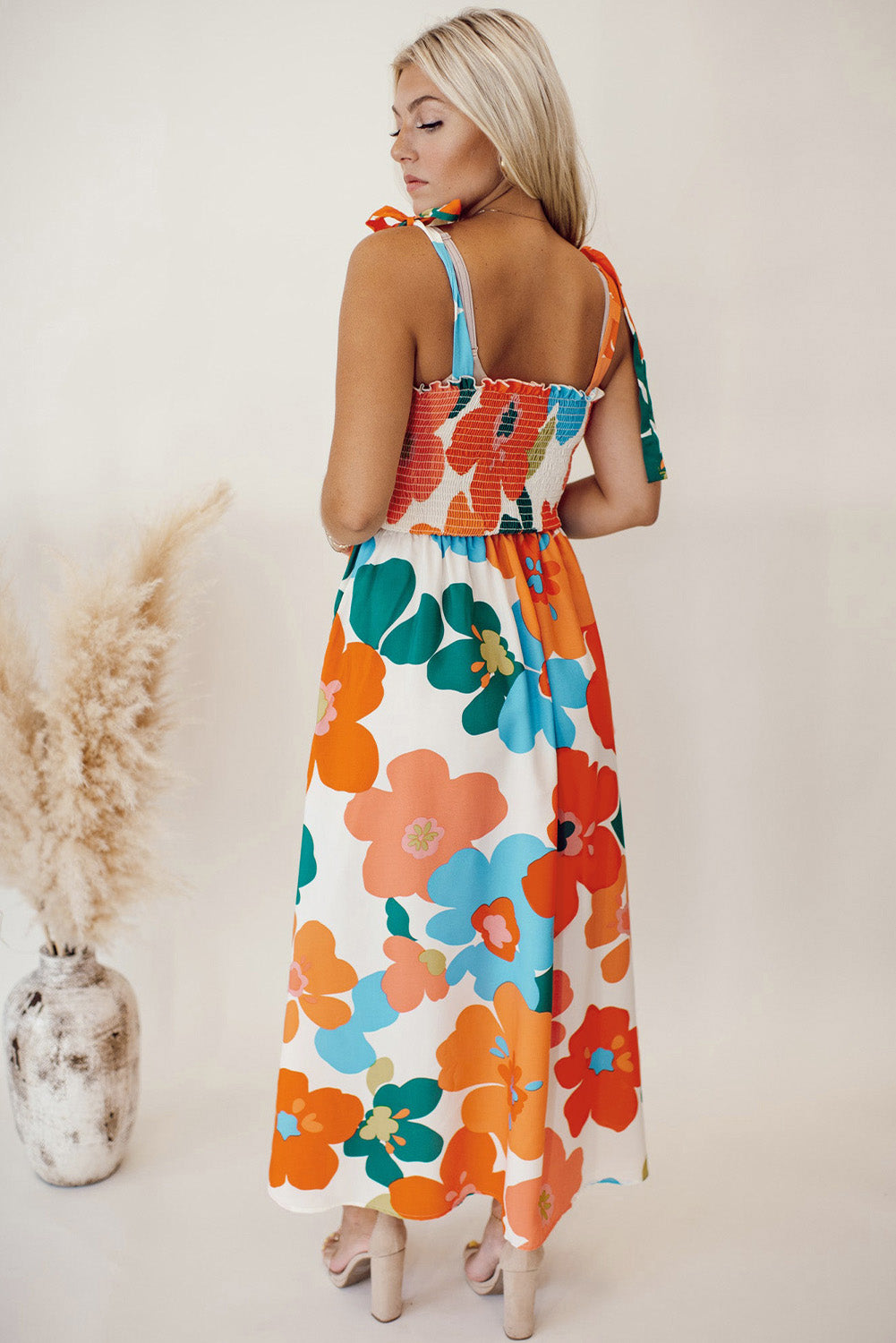 Orange Floral Self Tied Straps Smocked Bust Maxi Dress Floral Dresses JT's Designer Fashion