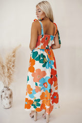Orange Floral Self Tied Straps Smocked Bust Maxi Dress Floral Dresses JT's Designer Fashion