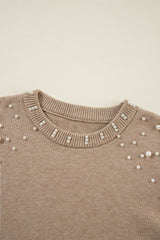 Smoke Gray Pearled Drop Shoulder Round Neck Sweater Sweaters JT's Designer Fashion
