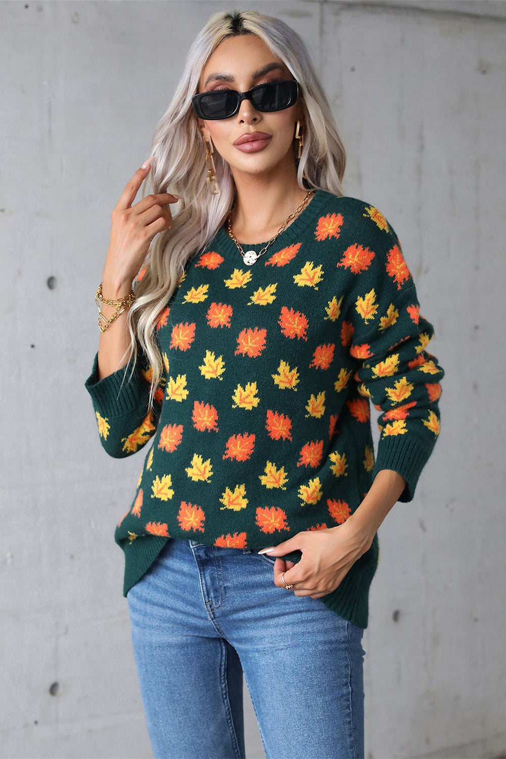 Blackish Green Fall Leaves Pattern Crew Neck Sweater Sweaters JT's Designer Fashion