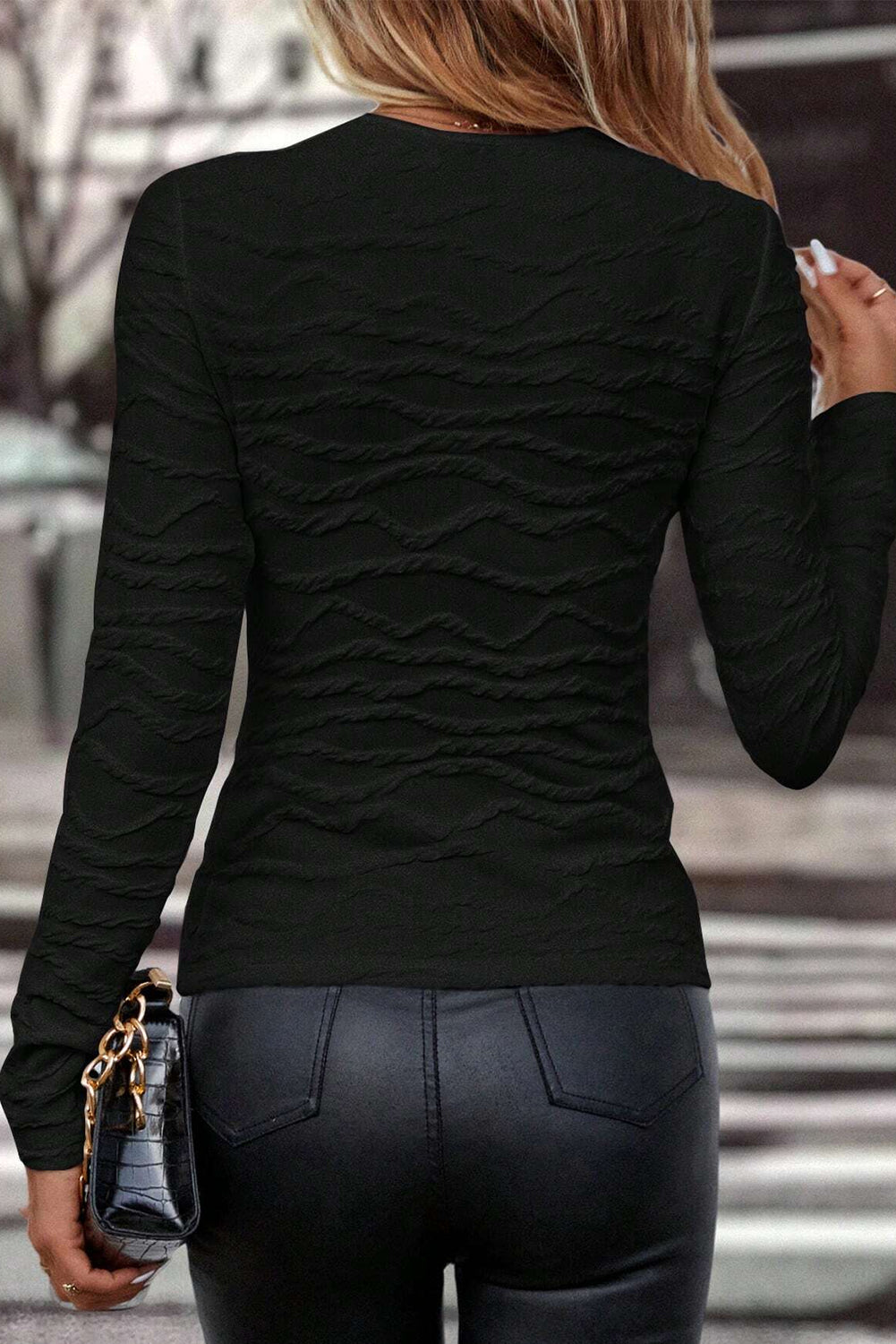Black Solid Wavy Textured Slim Fit Long Sleeve T Shirt Long Sleeve Tops JT's Designer Fashion