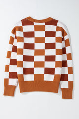 Orange Checkered Ribbed Edge O Neck Drop Shoulder Sweater Sweaters JT's Designer Fashion