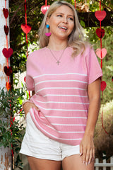 Pink Stripe Ribbed Loose Plus T Shirt Pink Stripe (US 22W-24W)3X woolen fabric Plus Size JT's Designer Fashion