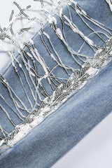 Sky Blue Sequin Embellished Fringe Distressed Denim Jacket Denim Jackets JT's Designer Fashion