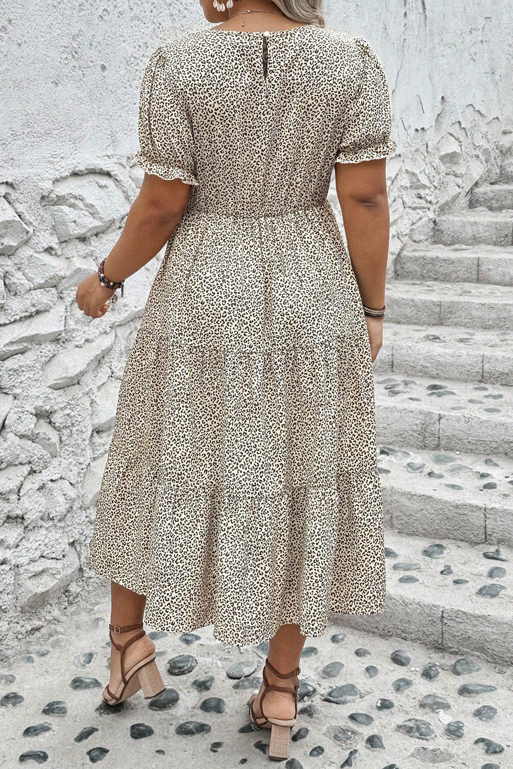 Beige Plus Size Leopard Print Frill Trim Short Sleeve Flared Dress Plus Size Midi Dresses JT's Designer Fashion