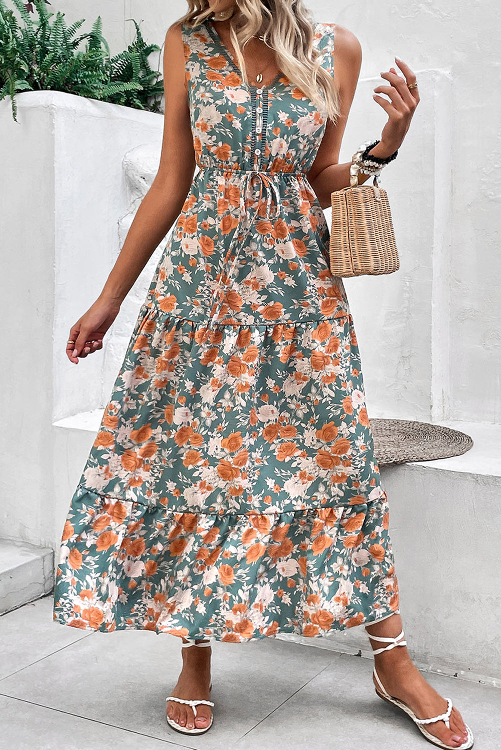 Green Floral Print Trimmed V Neck Tie Waist Sleeveless Holiday Long Dress Green 100%Polyester Maxi Dresses JT's Designer Fashion