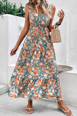 Green Floral Print Trimmed V Neck Tie Waist Sleeveless Holiday Long Dress Green 100%Polyester Maxi Dresses JT's Designer Fashion