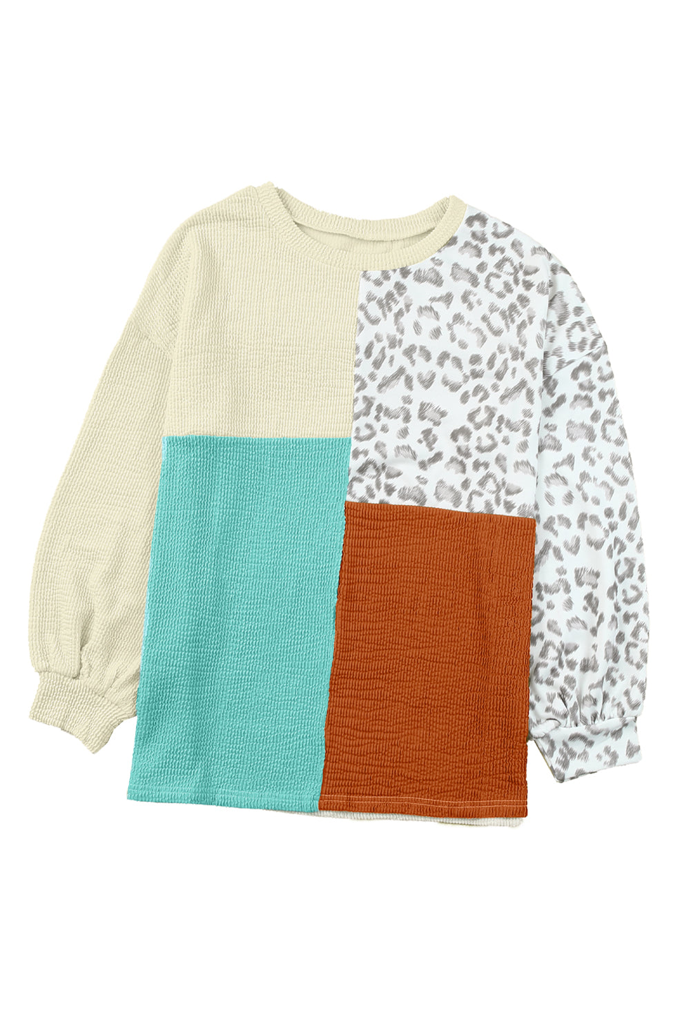 Leopard Patchwork Color Block Ribbed Long Sleeve Top Long Sleeve Tops JT's Designer Fashion