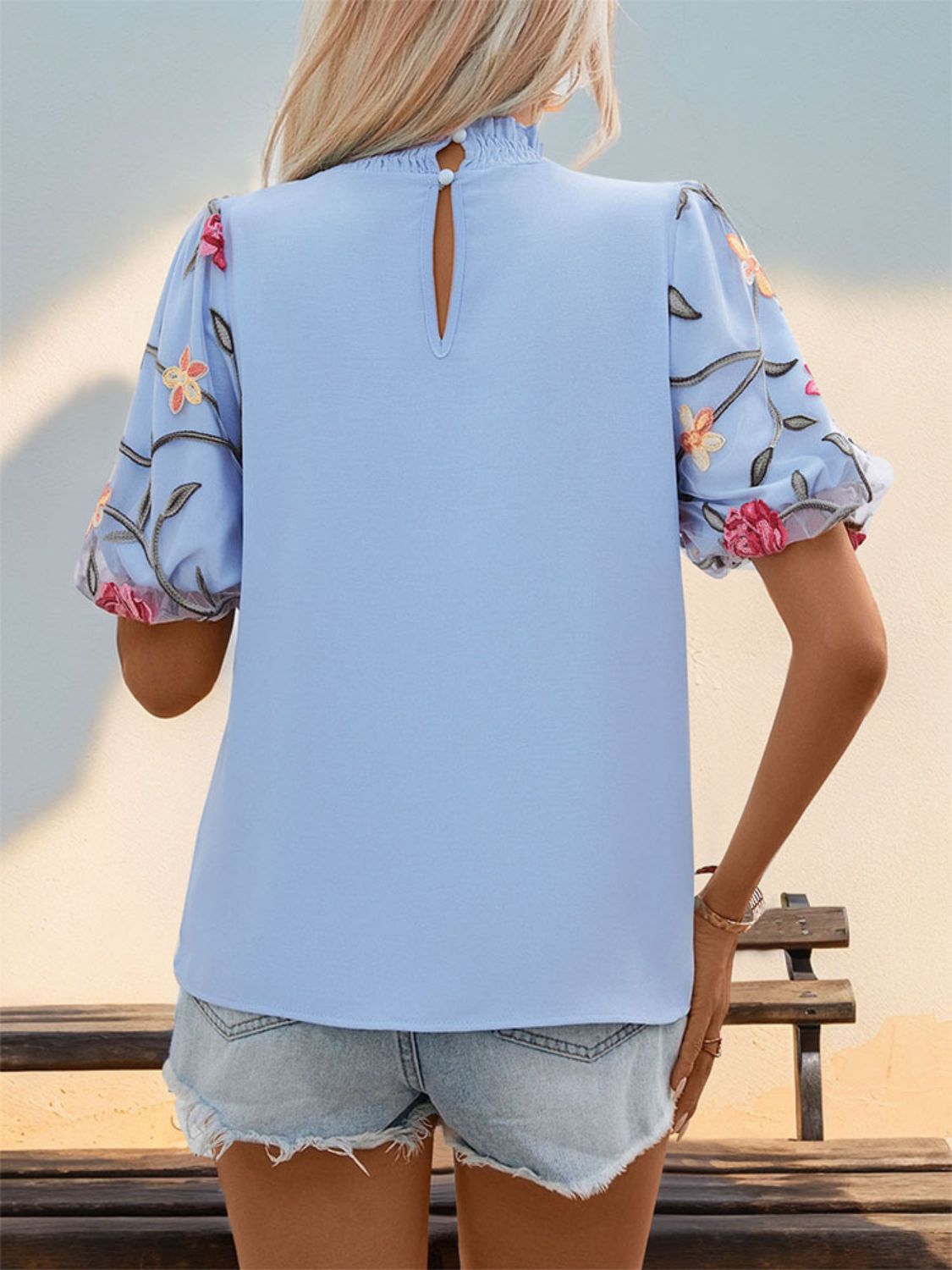 Embroidered Mock Neck Puff Sleeve Blouse Blouses & Shirts JT's Designer Fashion