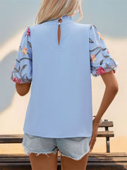 Embroidered Mock Neck Puff Sleeve Blouse Blouses & Shirts JT's Designer Fashion