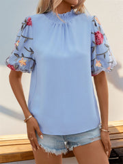 Embroidered Mock Neck Puff Sleeve Blouse Blouses & Shirts JT's Designer Fashion