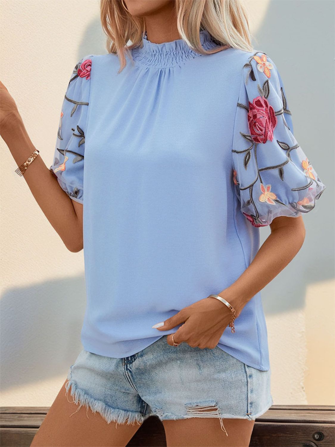 Embroidered Mock Neck Puff Sleeve Blouse Blouses & Shirts JT's Designer Fashion