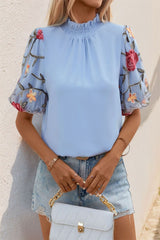 Embroidered Mock Neck Puff Sleeve Blouse Light Blue Blouses & Shirts JT's Designer Fashion