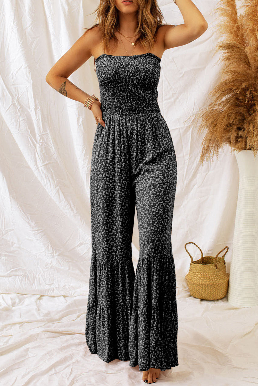 Black Khaki Thin Straps Smocked Bodice Wide Leg Floral Jumpsuit Bottoms JT's Designer Fashion