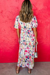 Rose Abstract Print Short Puff Sleeve Tiered Long Dress Maxi Dresses JT's Designer Fashion
