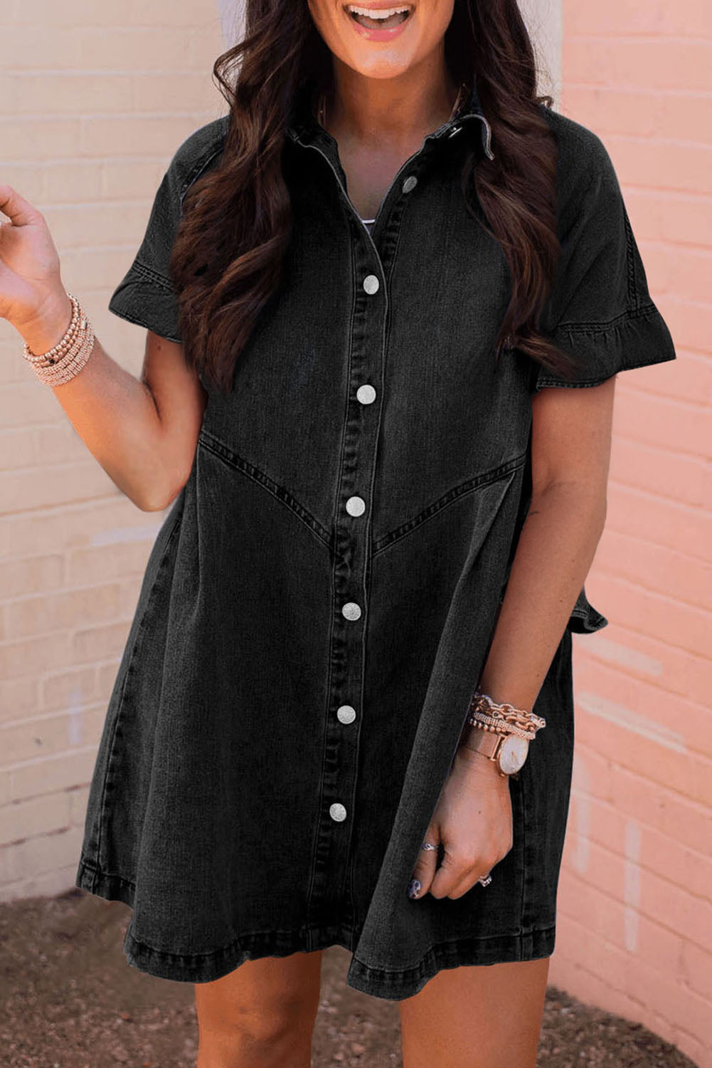 Black Frilled Short Sleeve Button Up Loose Denim Shirt Dress Mini Dresses JT's Designer Fashion