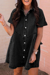 Black Frilled Short Sleeve Button Up Loose Denim Shirt Dress Mini Dresses JT's Designer Fashion