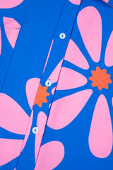 Blue Summer Flower Print Shirt Collar Button Front Loose Romper Jumpsuits & Rompers JT's Designer Fashion
