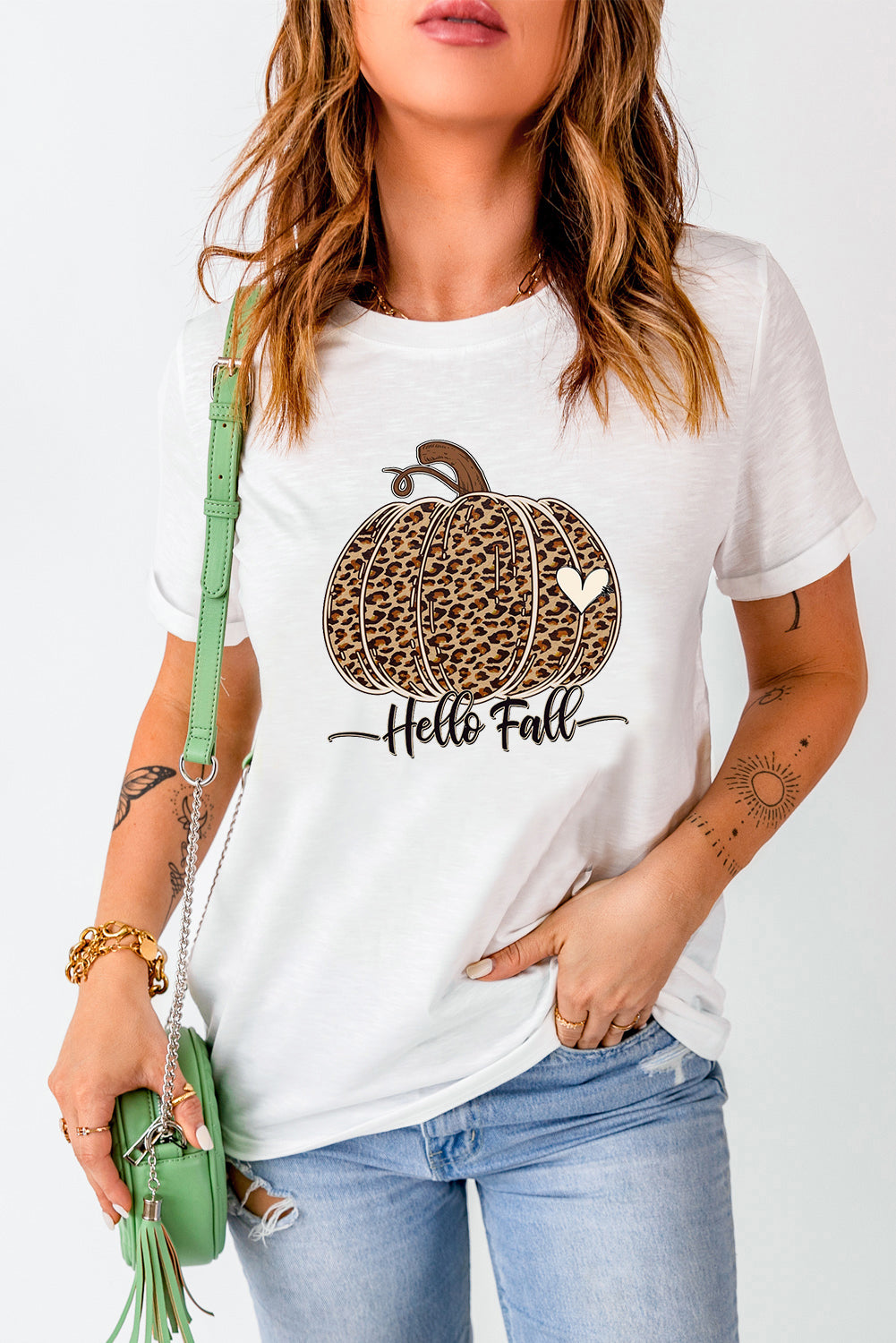 White Hello Fall Leopard Pumpkin Graphic T Shirt Graphic Tees JT's Designer Fashion