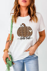 White Hello Fall Leopard Pumpkin Graphic T Shirt Graphic Tees JT's Designer Fashion
