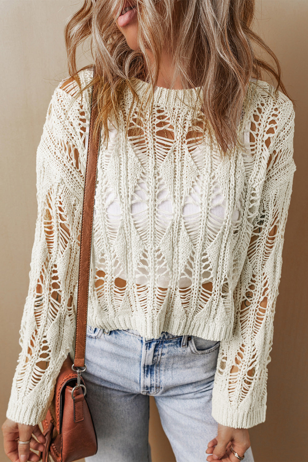 White Cut Out Crochet Crew Neck Loose Fit Sweater White 75%Cotton+25%Polyester Sweaters JT's Designer Fashion