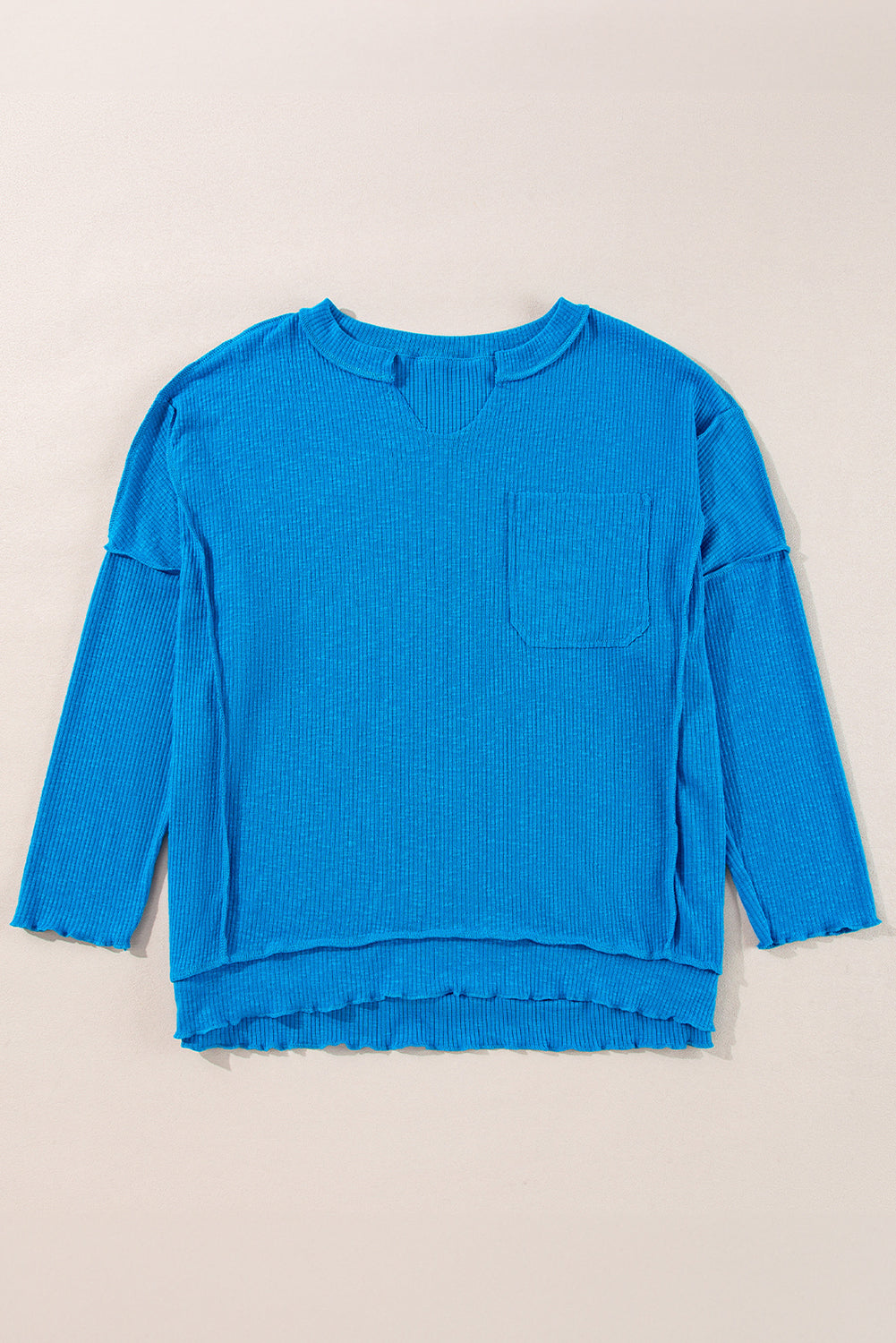 Blue Ribbed Exposed Seam Knit V Neck Long Sleeve Top Long Sleeve Tops JT's Designer Fashion