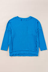 Blue Ribbed Exposed Seam Knit V Neck Long Sleeve Top Long Sleeve Tops JT's Designer Fashion