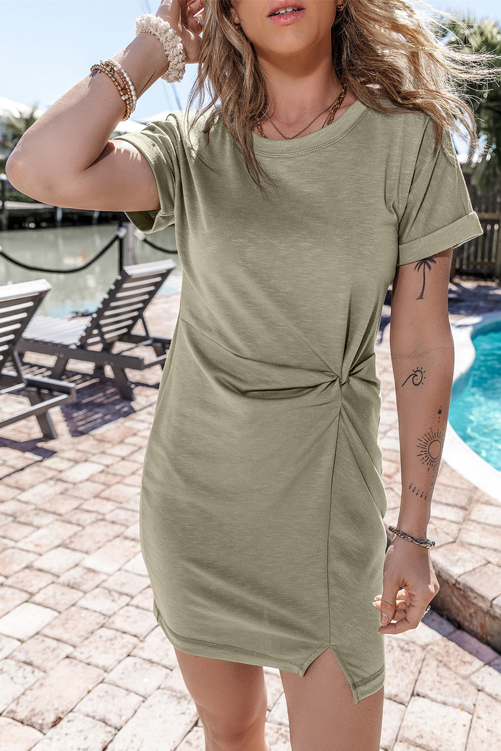 Laurel Green Folded Sleeve Twisted Mini T-Shirt Dress Laurel Green 95%Polyester+5%Elastane T Shirt Dresses JT's Designer Fashion