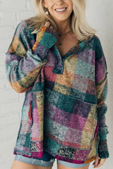Multicolor Brushed Plaid Buttoned Pullover Oversized Hoodie Sweatshirts & Hoodies JT's Designer Fashion