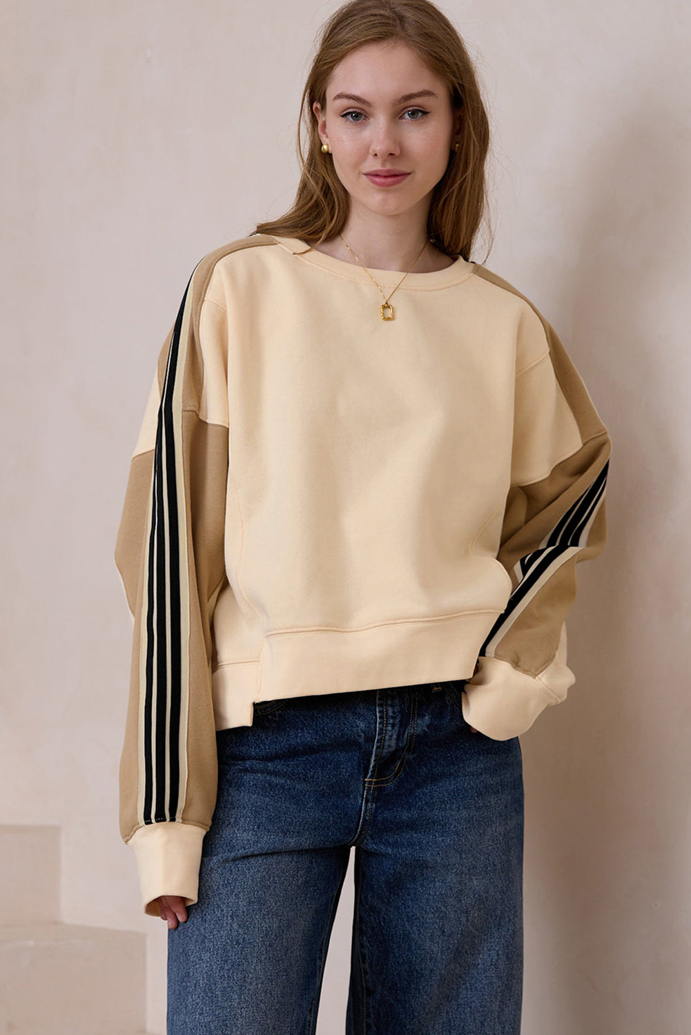 Beige Contrast Striped Patchwork Drop Shoulder Loose Sweatshirt Sweatshirts & Hoodies JT's Designer Fashion