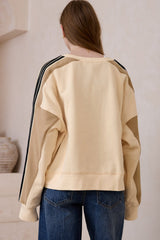 Beige Contrast Striped Patchwork Drop Shoulder Loose Sweatshirt Sweatshirts & Hoodies JT's Designer Fashion