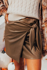 Coffee Bowknot Faux Leather Mini Skirt Coffee 100%PU Skirts & Petticoat JT's Designer Fashion