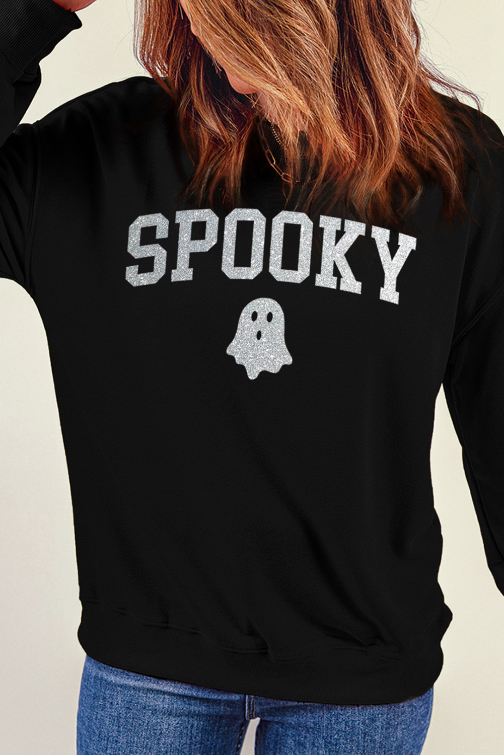 Black Glitter SPOOKY Ghost Pattern Crew Neck Halloween Sweatshirt Graphic Sweatshirts JT's Designer Fashion