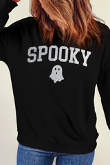 Black Glitter SPOOKY Ghost Pattern Crew Neck Halloween Sweatshirt Graphic Sweatshirts JT's Designer Fashion