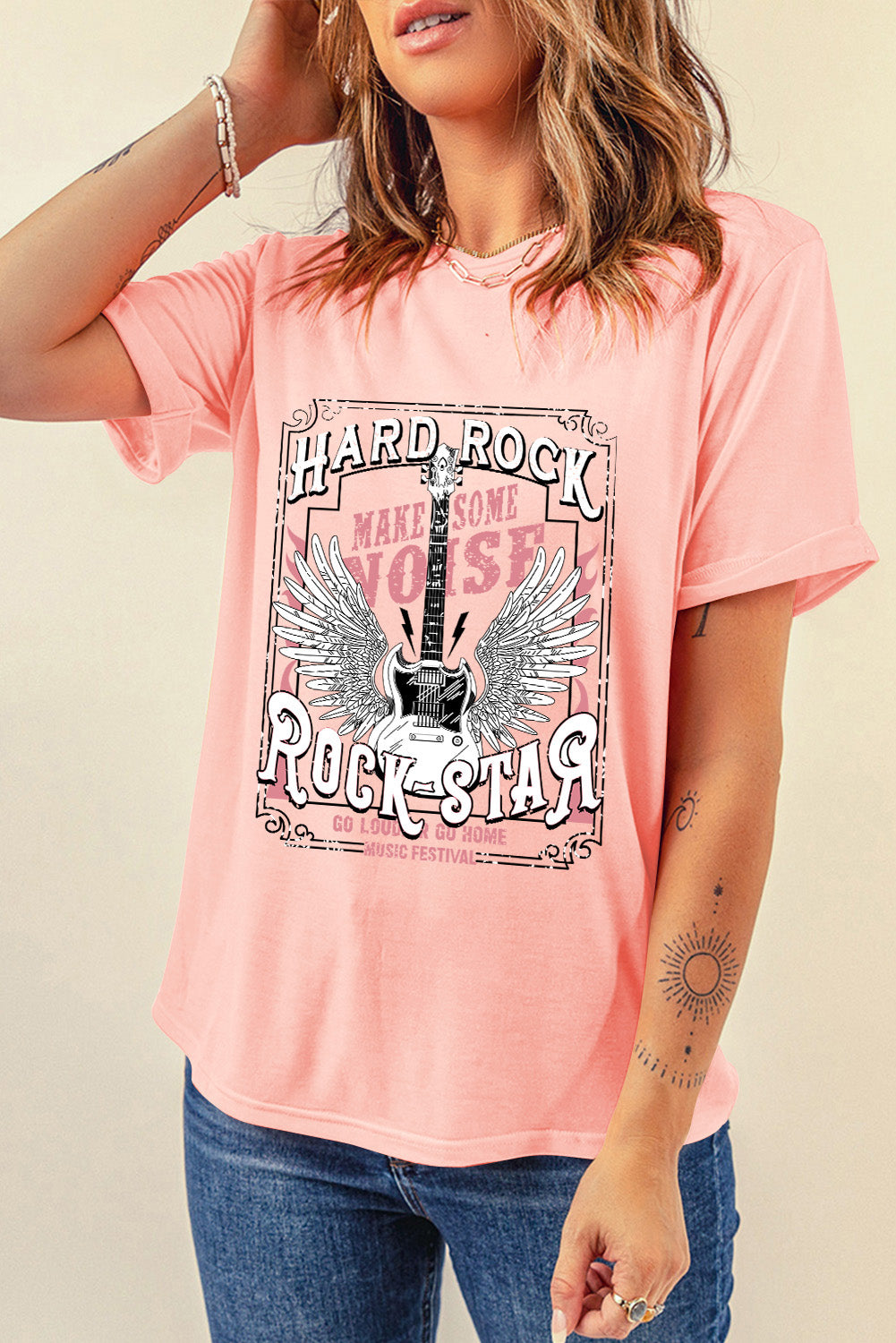 Pink Hard Rock Guitar Print Crew Neck T Shirt Graphic Tees JT's Designer Fashion