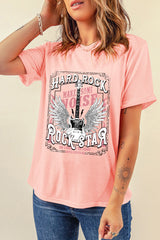 Pink Hard Rock Guitar Print Crew Neck T Shirt Graphic Tees JT's Designer Fashion