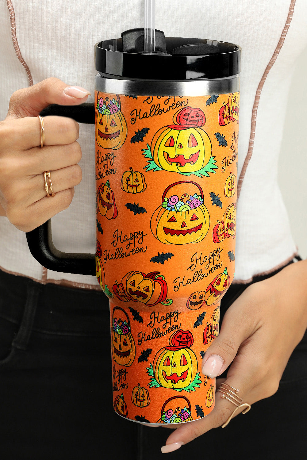 Orange Halloween Pumpkin Print Handle Large Tumbler 40oz Tumblers JT's Designer Fashion