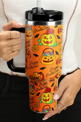 Orange Halloween Pumpkin Print Handle Large Tumbler 40oz Tumblers JT's Designer Fashion