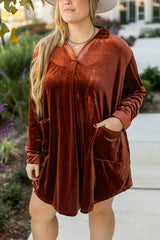 Coffee Plus Size V Neck Collared Pleated Back Rounded Hem Velvet Dress Plus Size Mini Dresses JT's Designer Fashion