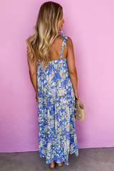 Sky Blue Floral Print Self-tie Straps Flowy Ruffle Long Dress Maxi Dresses JT's Designer Fashion