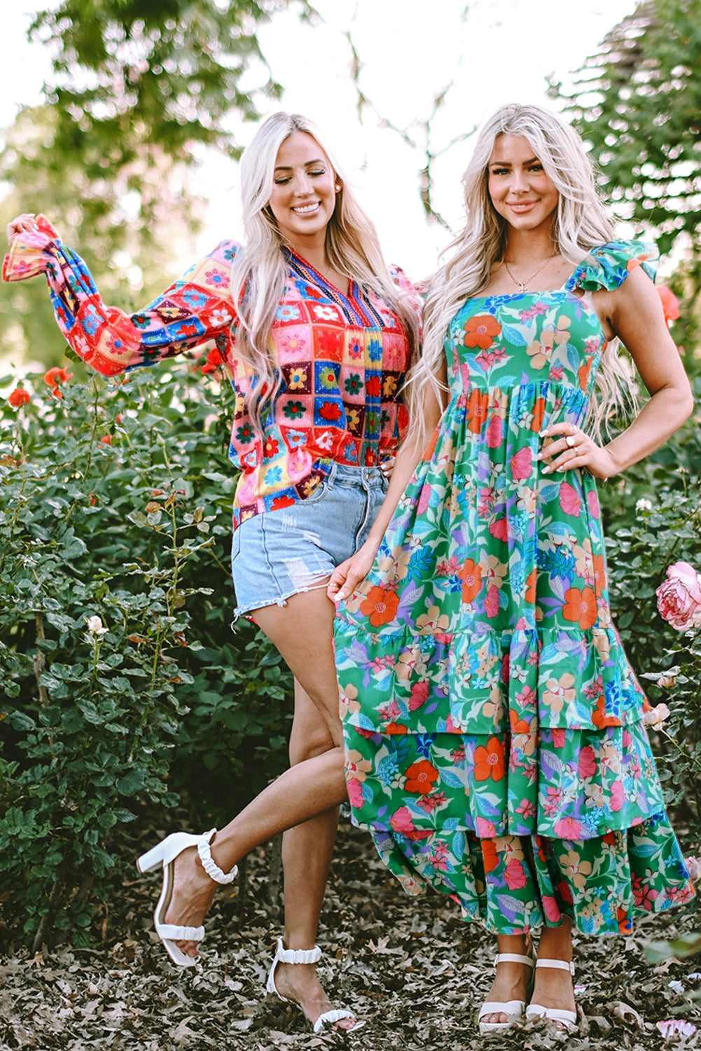 Green Floral Print Sleeveless Ruffle Tiered Maxi Dress Floral Dresses JT's Designer Fashion