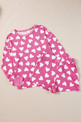 Pink Valentine Heart Shape Print Long Sleeve Top Shorts Lounge Set Short Sets JT's Designer Fashion