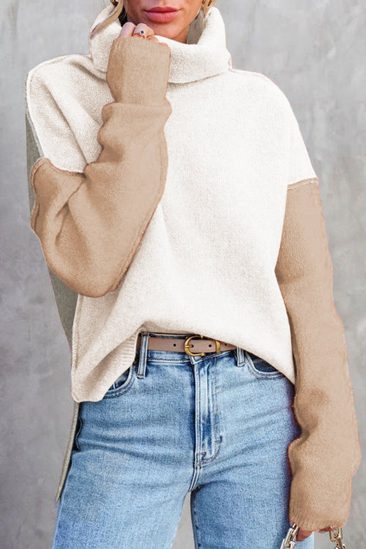 White Color Block Turtle Neck Drop Shoulder Knit Sweater White 65%Acrylic+35%Polyester Sweaters JT's Designer Fashion